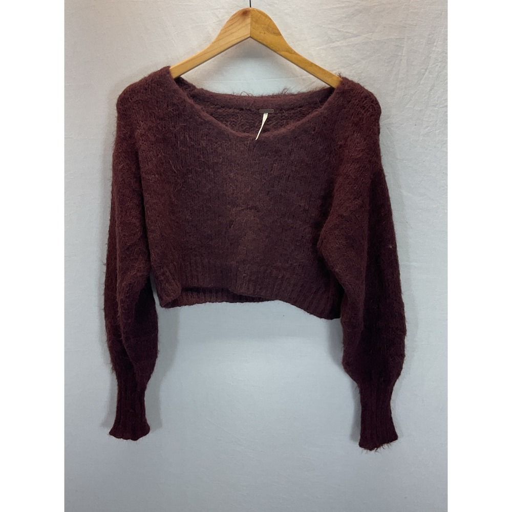 Free People Sweater Women XS Wool Blnd Fuzzy Cropped Balloon Sleeve Maroon Vneck